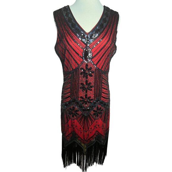 Vintage-Inspired Red & Black Beaded Flapper Dress Fringe Size XL 1920s Gatsby - Picture 2 of 16